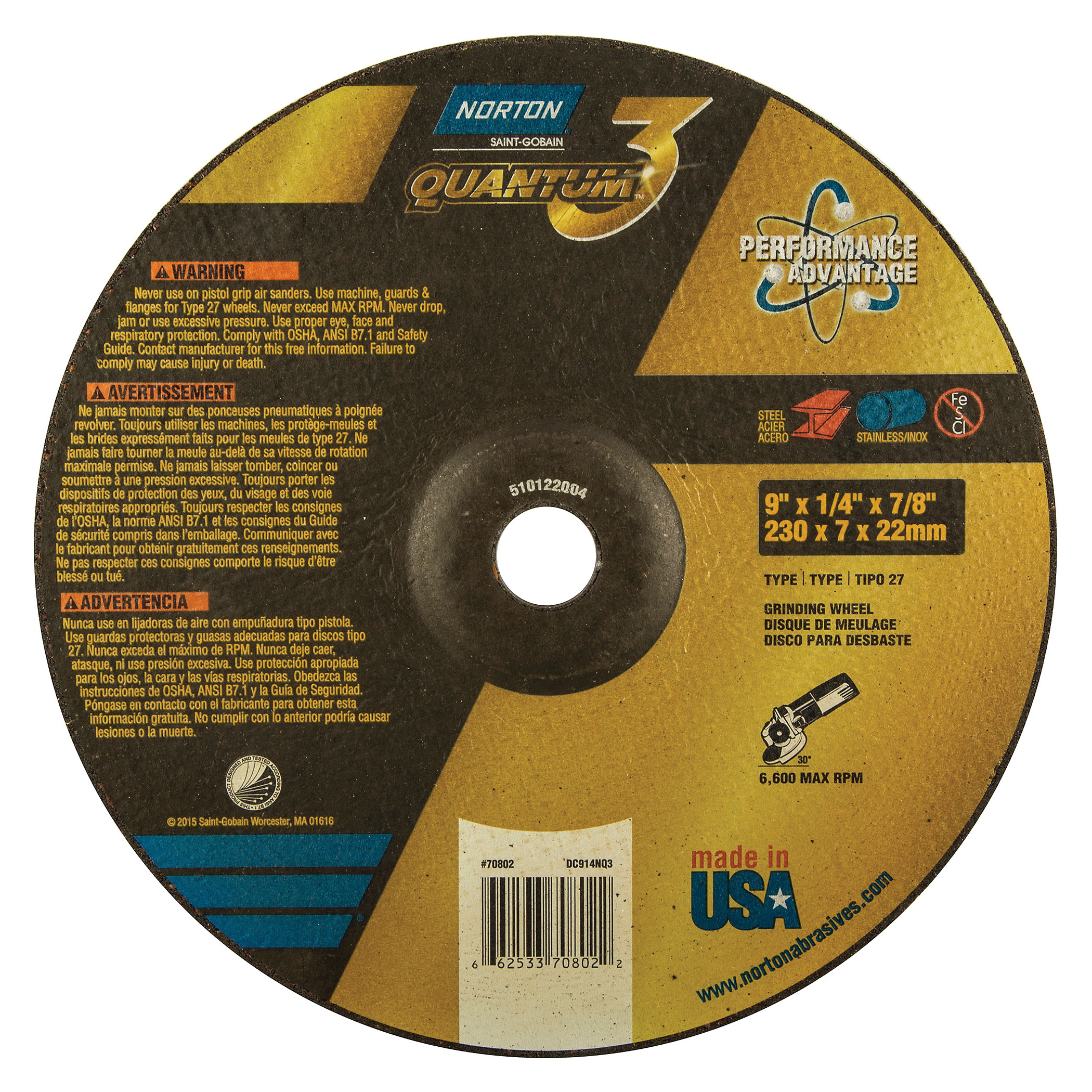 9" x 1/4" x 7/8 TYPE 27 DEP CTR WHEEL