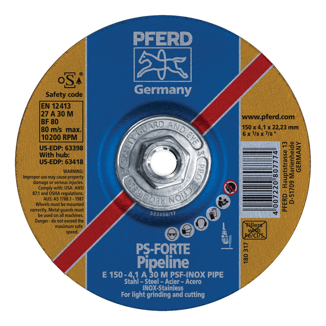6INX1/8 PIPELINE WHEEL, 5/8-11 THD.