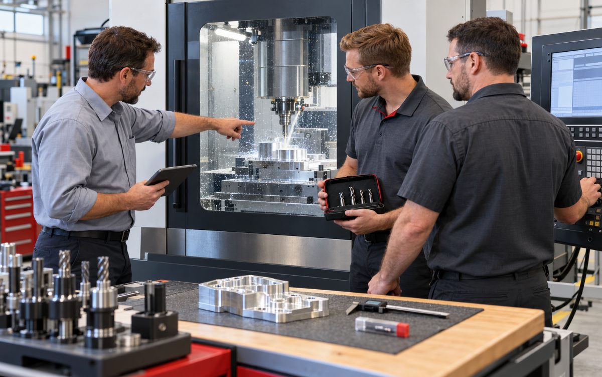 Mars Supply application specialist reviewing a CNC milling test cut and end mill selection with customer machinists