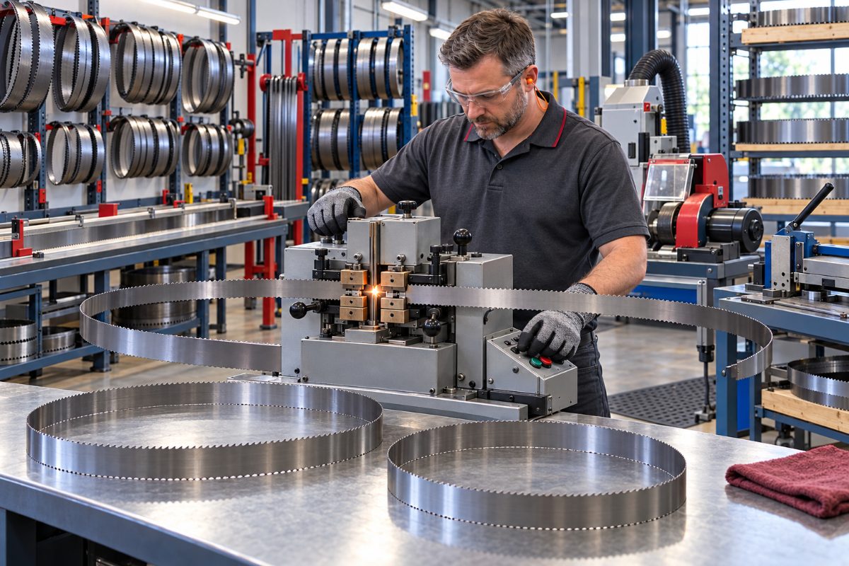 Technician welding a custom bandsaw blade at the Mars Supply Lenox Certified Weld Center