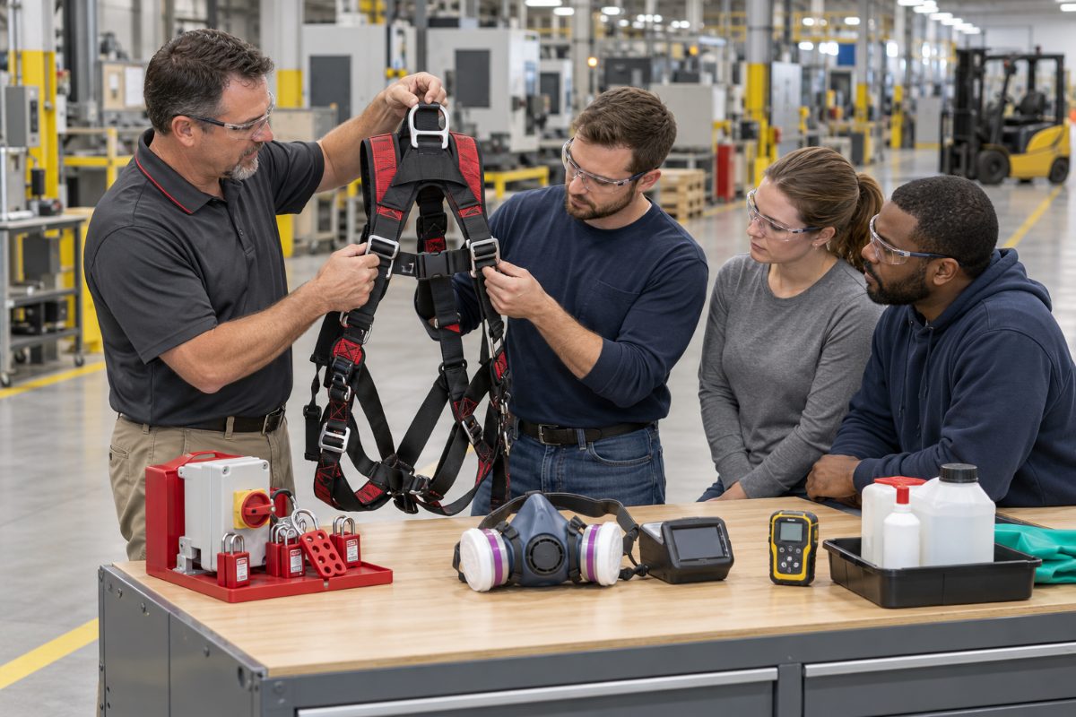 Mars Supply Safety Specialist leading hands-on fall protection harness training with lockout/tagout, respirator and gas detection equipment