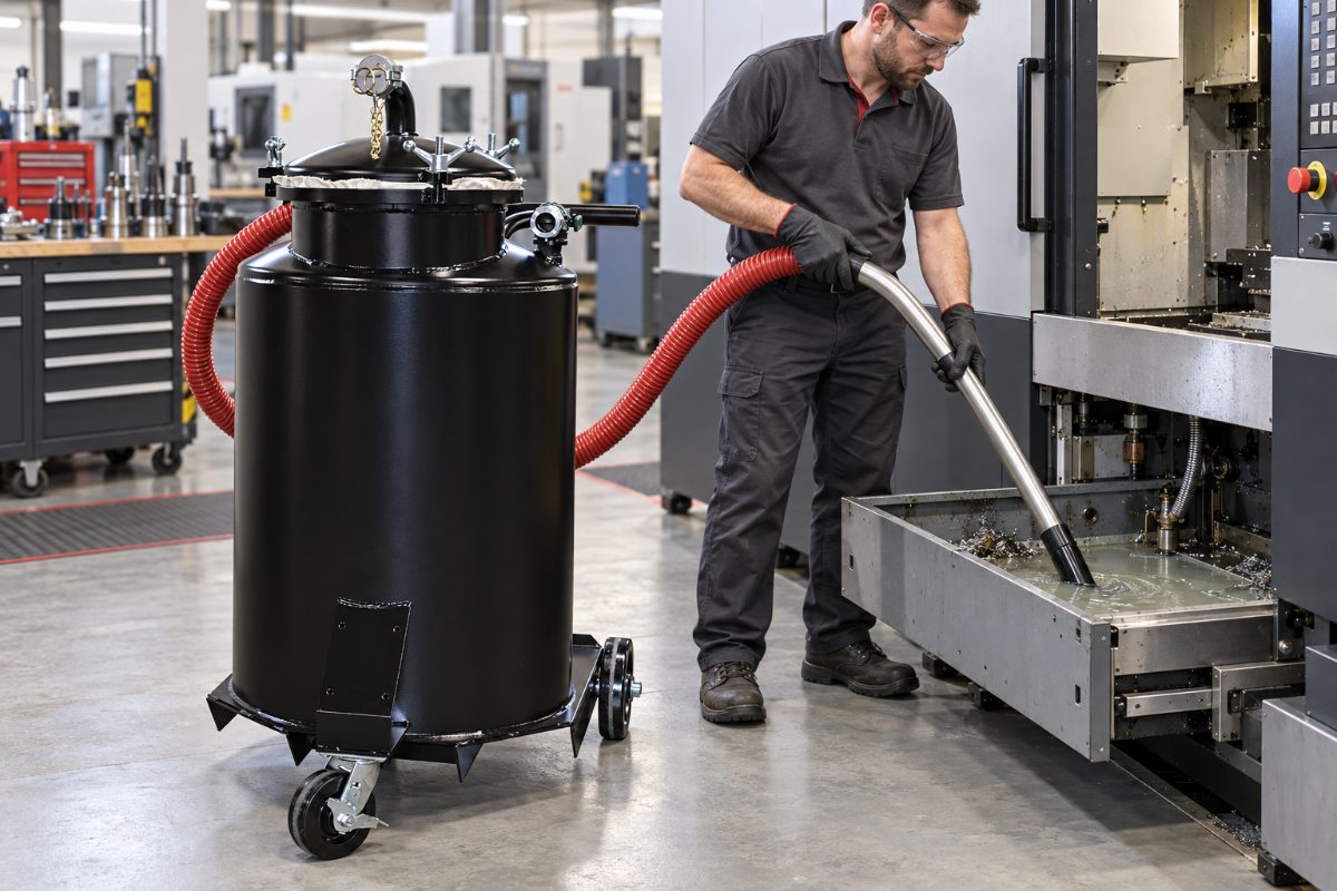 Technician using a high-suction industrial sump cleaner to remove coolant and sludge from a CNC machine tank
