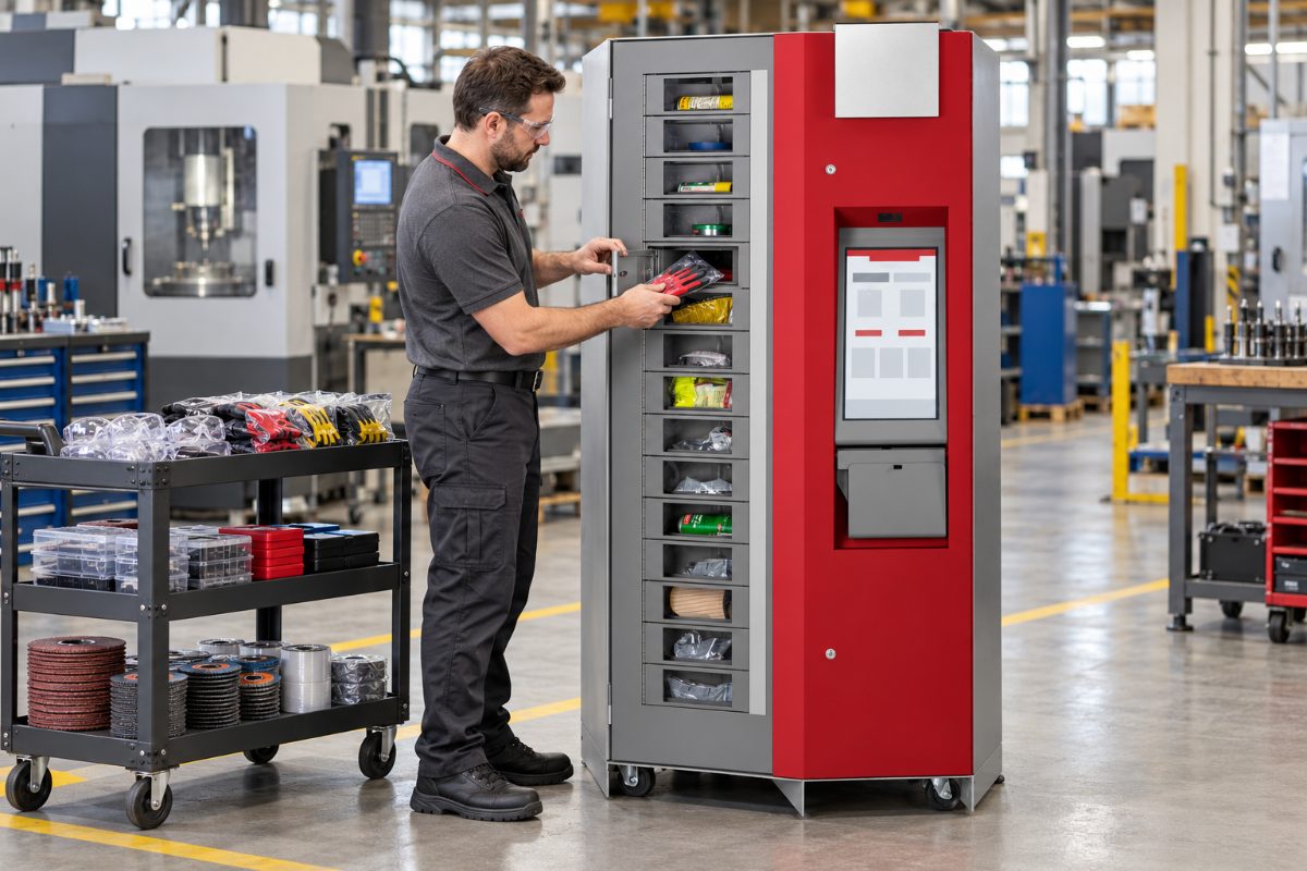 Mars Supply technician restocking an AutoCrib industrial vending cabinet with gloves and safety supplies
