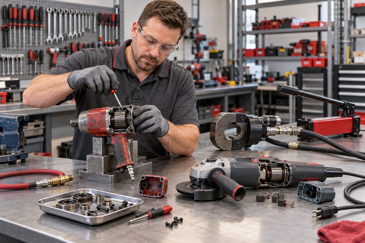 Certified technician repairing a pneumatic impact wrench alongside hydraulic and electric tools at the Mars Supply Duluth repair center