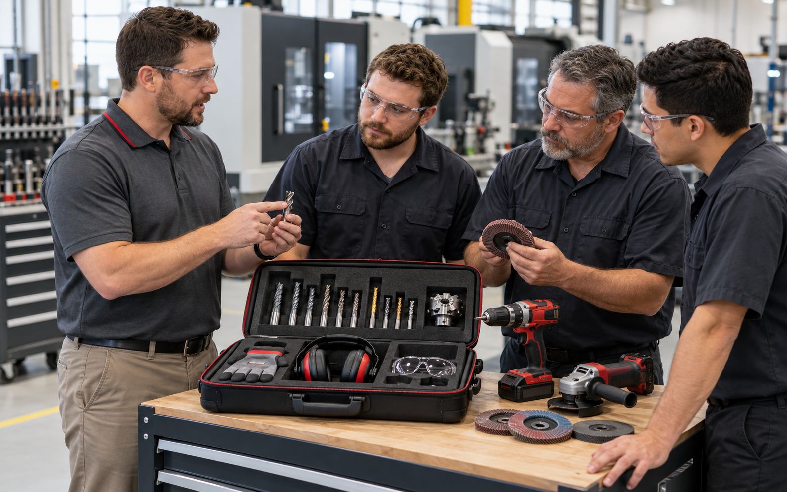 Mars Supply specialist demonstrating cutting tools, abrasives and power tools to machinists on the shop floor