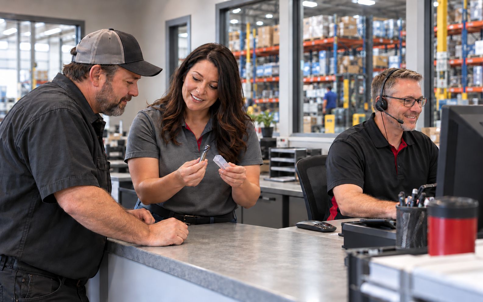 Mars Supply customer service team helping a customer at the will call counter